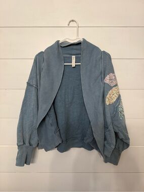 Open-Front Blue Shawl Collar Cardigan with Embroidered Sleeve Accents